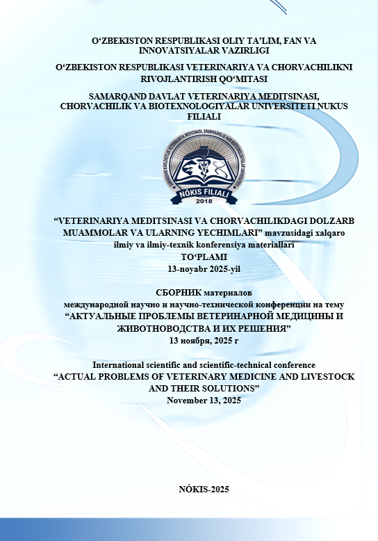                     View Vol. 1 No. 2 (2025): "VETERINARIYA MEDITSINASI VA CHORVACHILIKDAGI DOLZARB MUAMMOLAR VA ULARNING YECHIMLARI" mavzusidagi xalqaro ilmiy va ilmiy-texnik konferensiya 
                